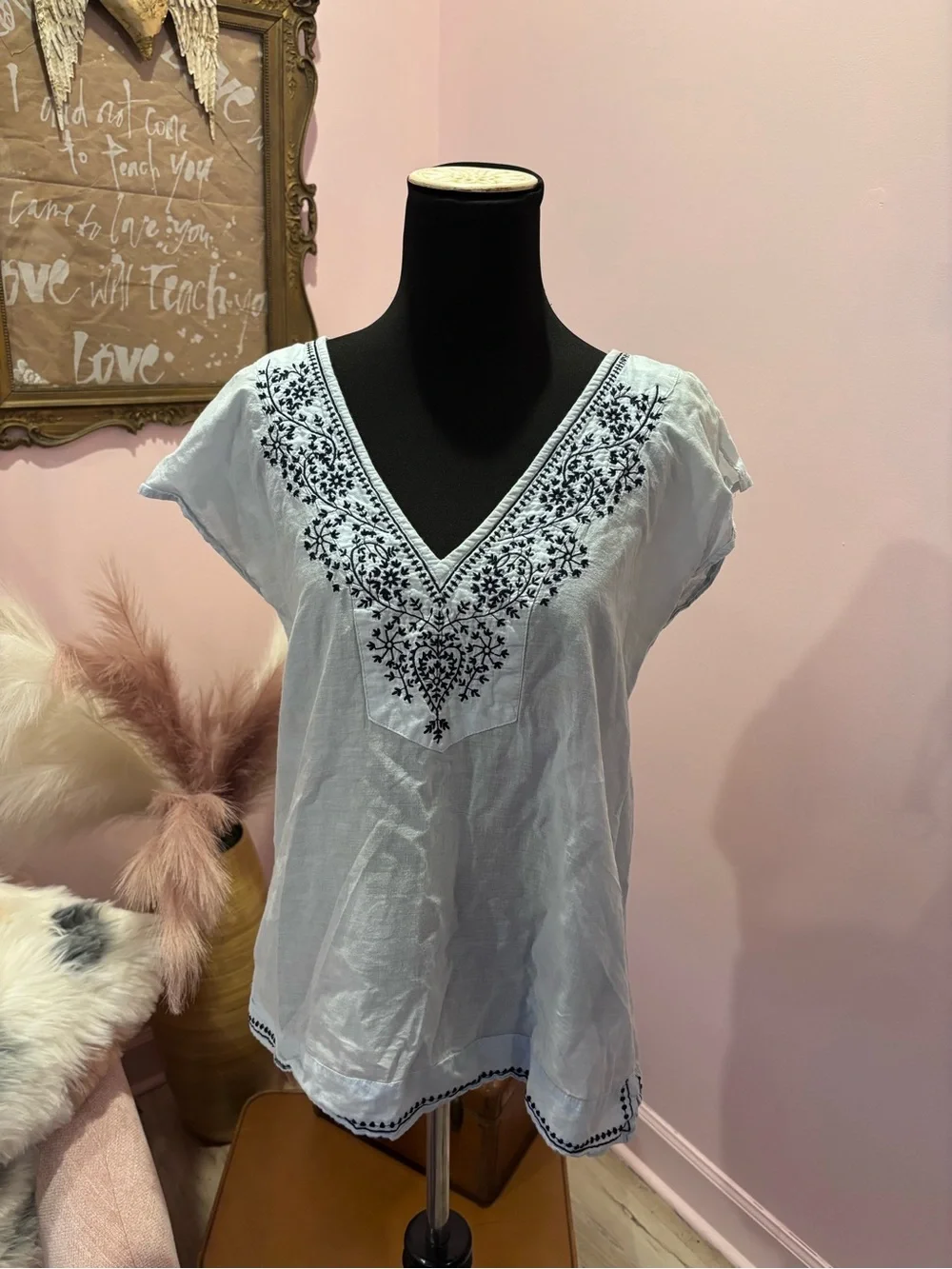 Anthropologie Natura Embroidered V-Neck Blue Top - Picture 2 of 6